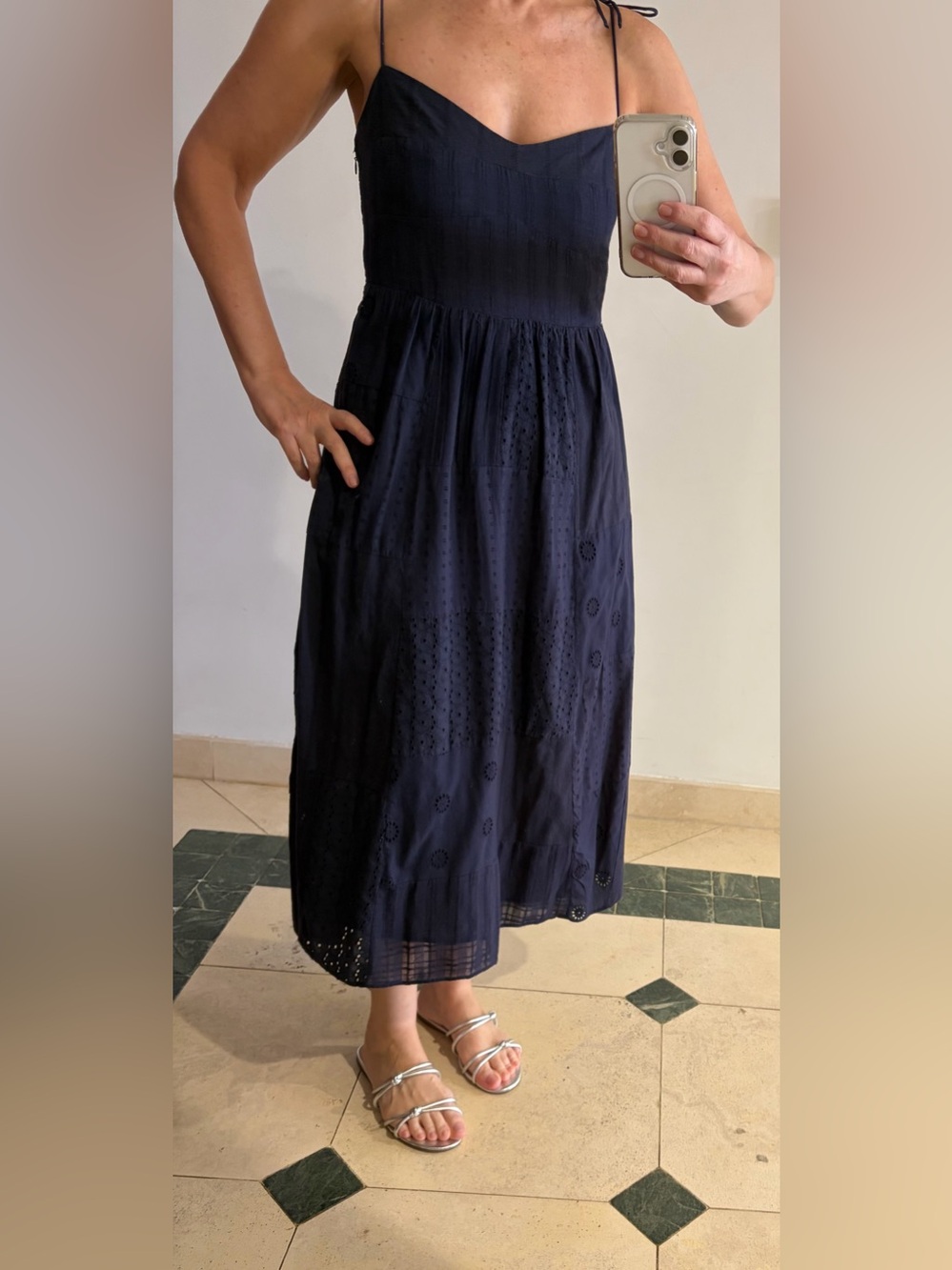 Zara Navy Eyelet Midi Dress with Tie-Straps
